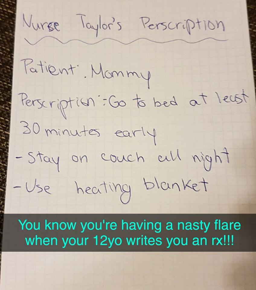 12 year old's "prescription" for her mother: go to sleep early and stay on couch all night