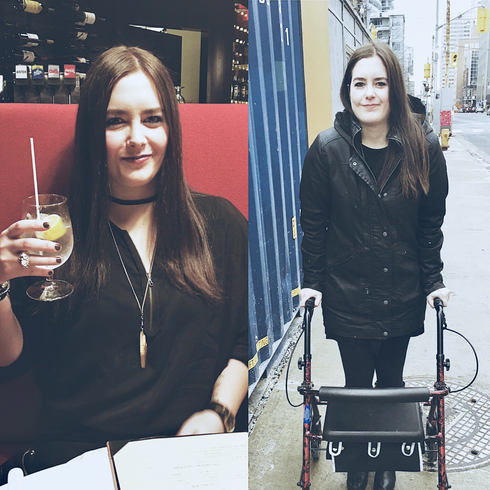 Two photos of the writer. To the left she's holding a drink, to the right she's walking with a walker.