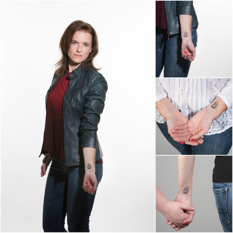 woman with rose on fire tattoo for sexual assault survivors collage holding hands