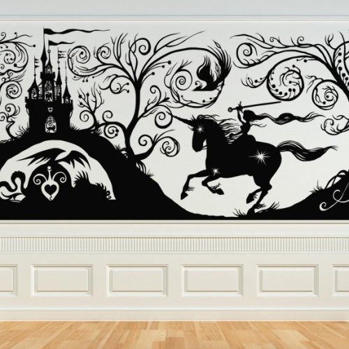 black and white painting of a woman on a unicorn riding toward a castle