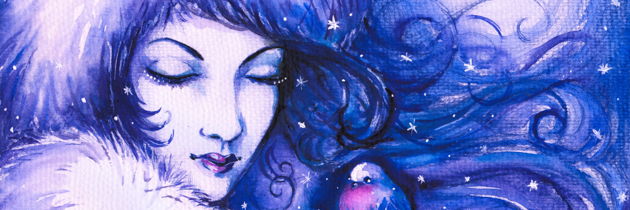 A watercolor image of a woman n front of the moon and snow