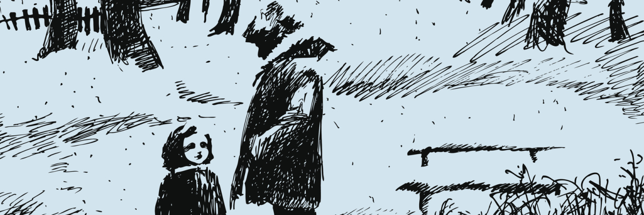 When I Couldn't Hide My MS From My Children While on Family Vacation A sketch of a father and child outside in the snow.