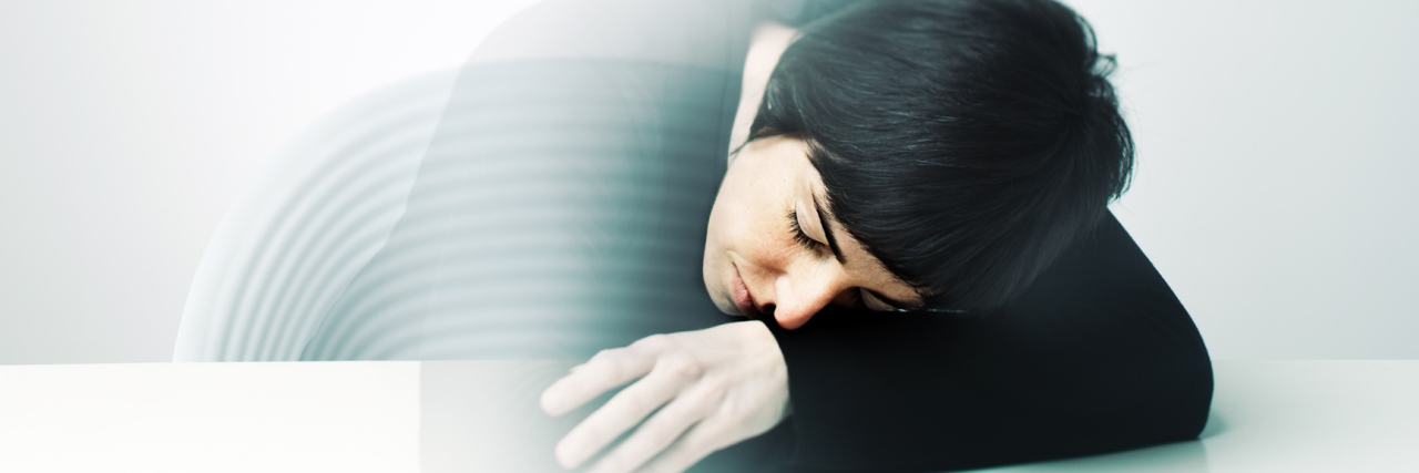 What You Don't See as I Live With an Invisible Illness A tired woman laying on the table, half transparent.