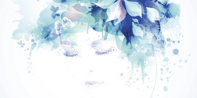 An illustration of a woman with a blue flower crown.