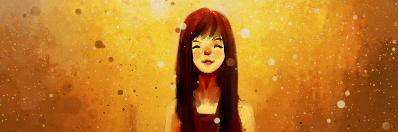 illustration of girl wearing red dress and looking up at a light