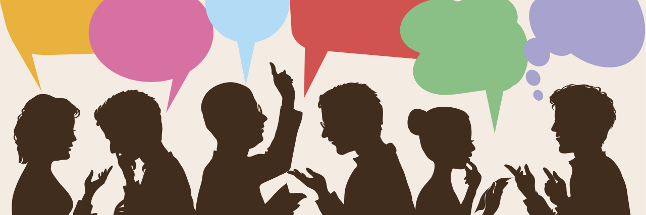 Learning a Second Language With Hearing Loss Silhouettes of people with colorful speech bubbles.