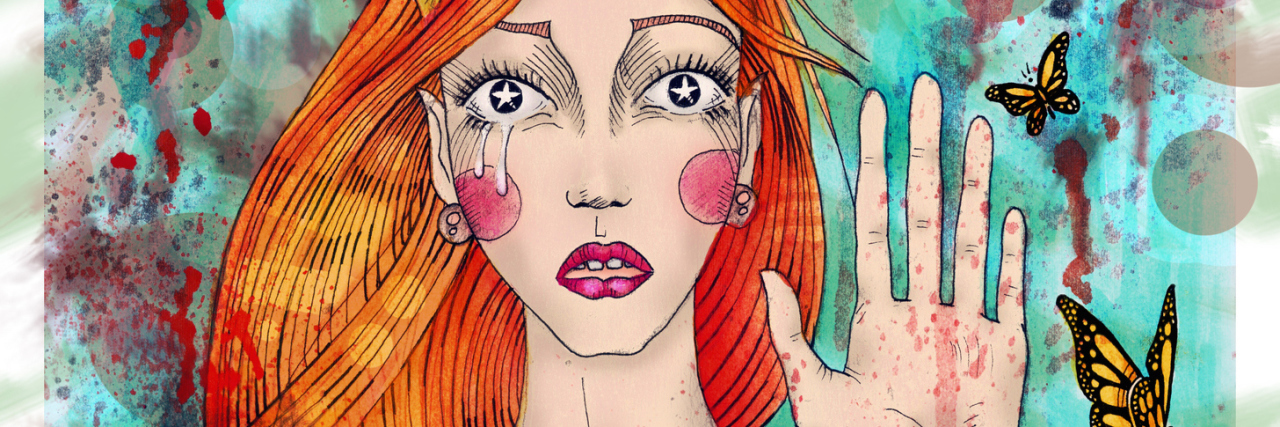 When Suicidal Thoughts Become Compulsive Portrait of a pretty girl with long hair and eyes wide open. Butterflies flying through her heart.