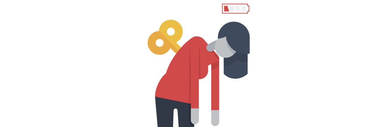How I Prepare for a High Pain and Low Energy Day An illustration of a woman with a wind up tool on her back, and a depleted battery near her head.