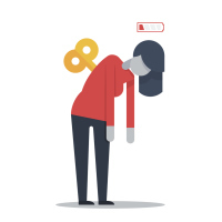 An illustration of a woman with a wind up tool on her back, and a depleted battery near her head.