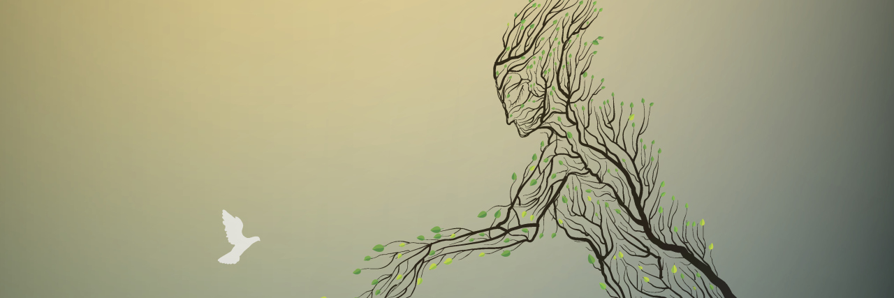 How Birds Can Help With Chronic Pain and Depression woman shaped as a tree and branches sits on a rock holding her hands out to a bird