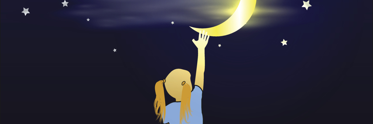 illustration of girl reaching into the sky and grabbing the moon
