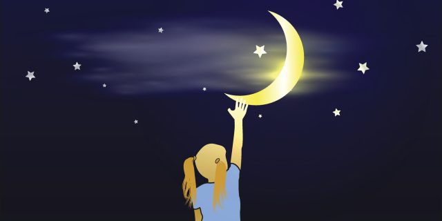 illustration of girl reaching into the sky and grabbing the moon
