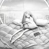 black and white drawing of a girl sitting in bed hugging her pillow