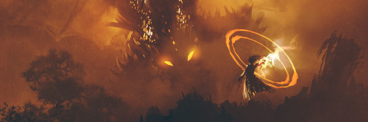 When the Crohn's Disease Dragon Attacks An illustration of a person facing an angry dragon.