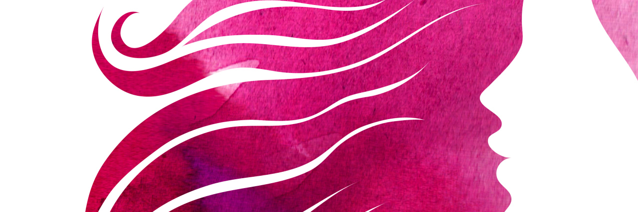 A pink watercolor image of a woman silhouette and her hair blowing in the wind.