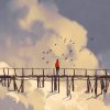man standing on old bridge in a clouds,illustration painting