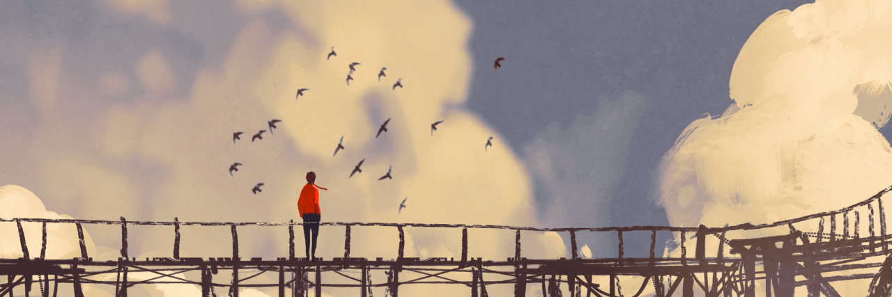 man standing on old bridge in a clouds,illustration painting