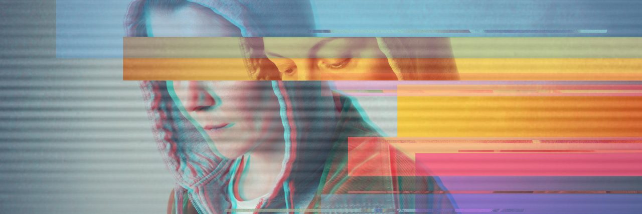 23 'Embarrassing' Symptoms of PTSD We Don't Talk About Woman in hoodie. Glitched style photo.