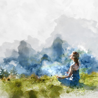 Young woman practice yoga. Digital watercolor painting