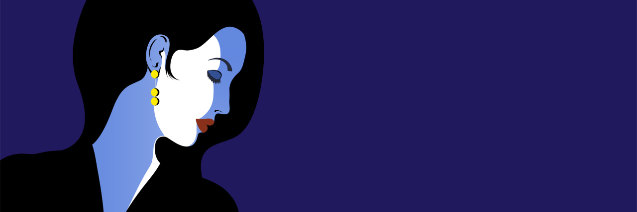 Why I'm No Longer Denying My Chronic Pain portrait of a woman with dark hair and a gold earring against a dark purple background