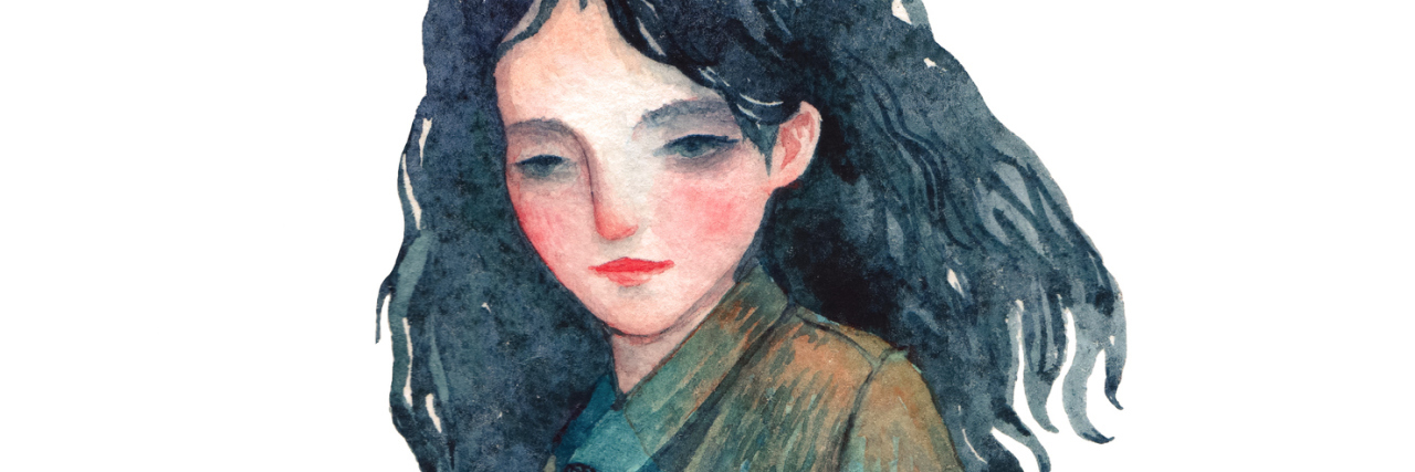 The Difference in Being Tired When You're Healthy vs. When You're Sick watercolor painting of a woman with dark hair in a colorful raincoat