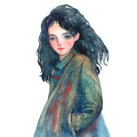 watercolor painting of a woman with dark hair in a colorful raincoat