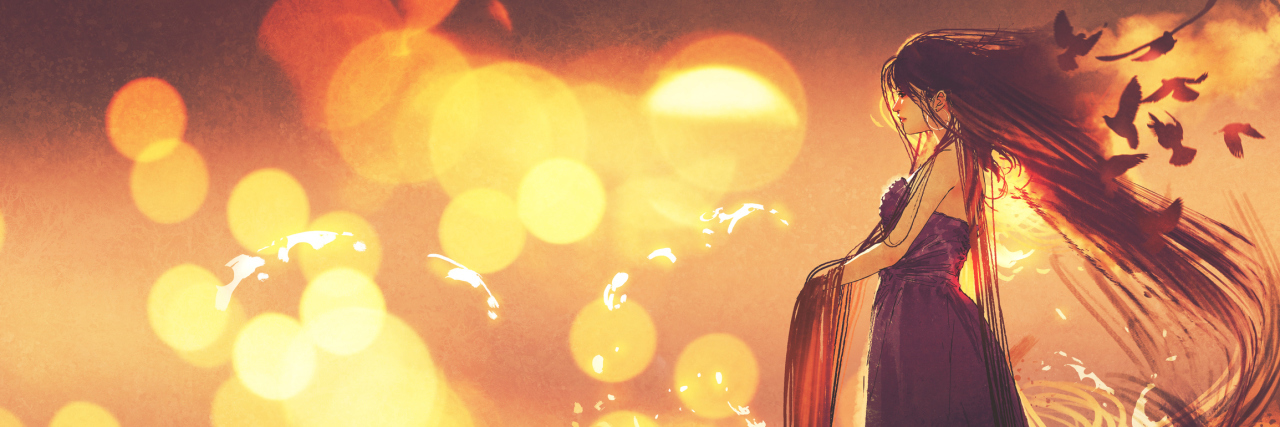 I Was Emotionally Abused. Now What? beautiful woman in purple dress with long hair standing against sunset background, digital art style, illustration painting