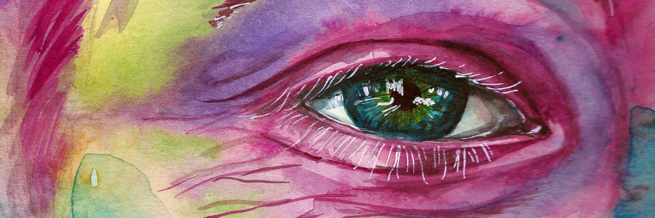 watercolor painting of a woman's face, focused on one eye