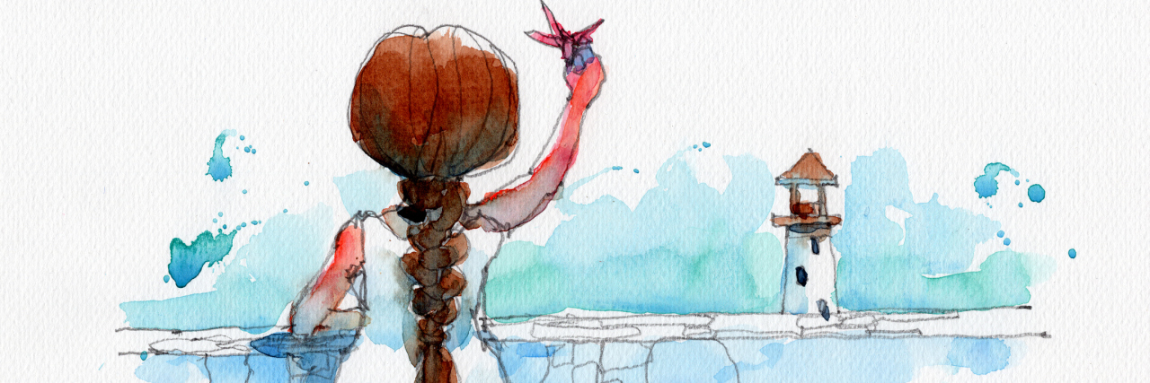 When You're Trying to Find the Part of Yourself You Lost in Childhood watercolor painting illustration set of girl in white dress with red paper birds and lighthouse, hand drawn on paper