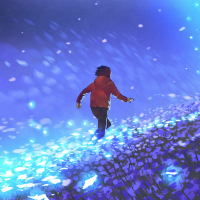 night scenery of the boy running on blue meadow with glowing petal of flowers, digital art style, illustration painting
