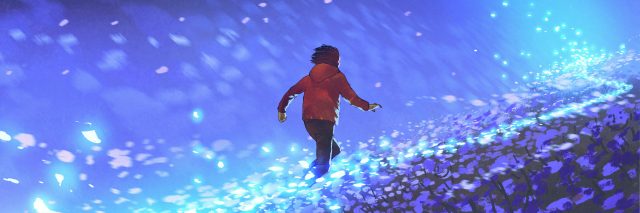 night scenery of the boy running on blue meadow with glowing petal of flowers, digital art style, illustration painting