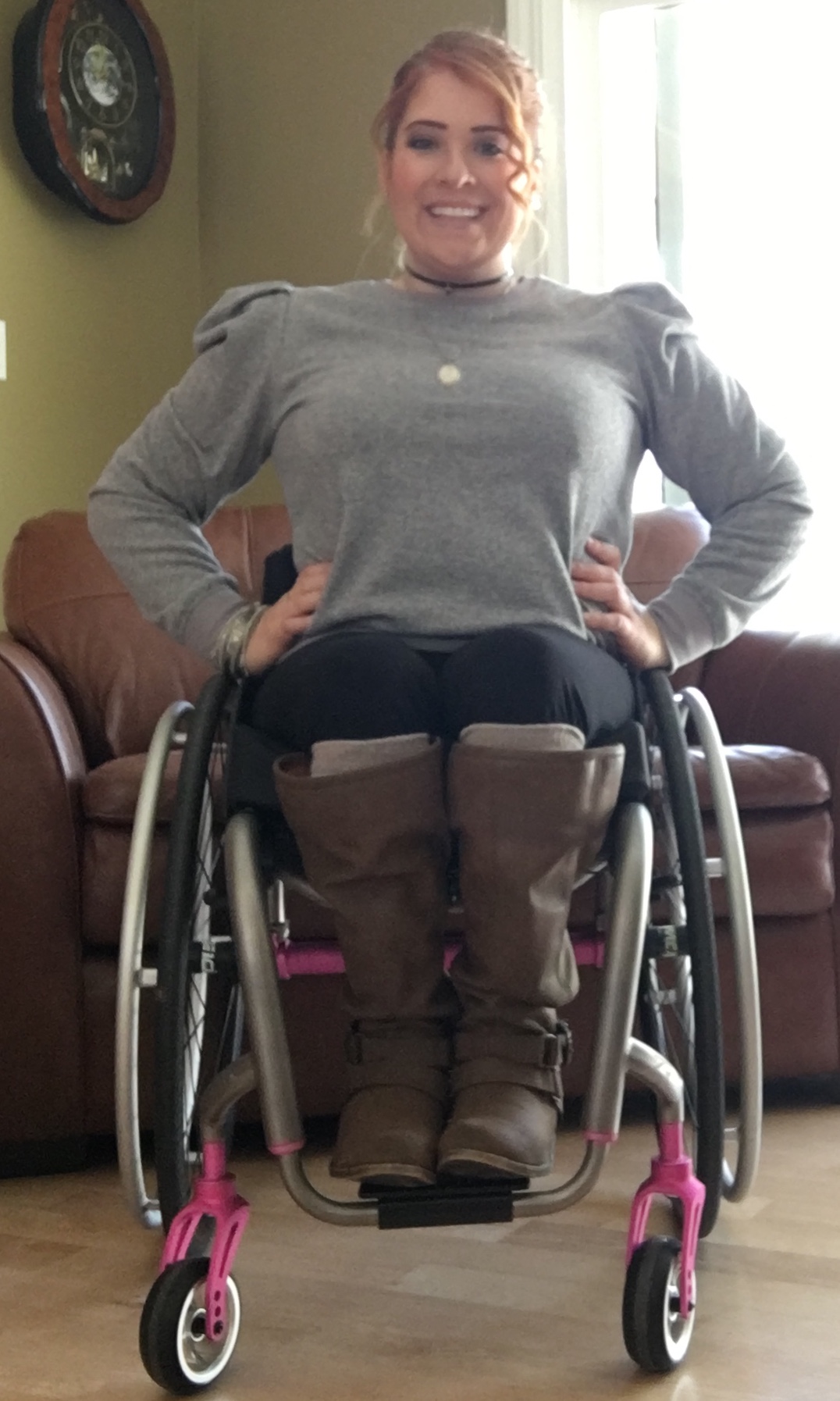 Sarah in her new wheelchair, which she named Athena, a goddess, but also a warrior.