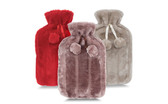 plush hot water bottle covers in red, pink and gray