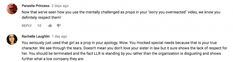 Youtube comments expressing dislike over apology video including sister-in-law with Down syndrome