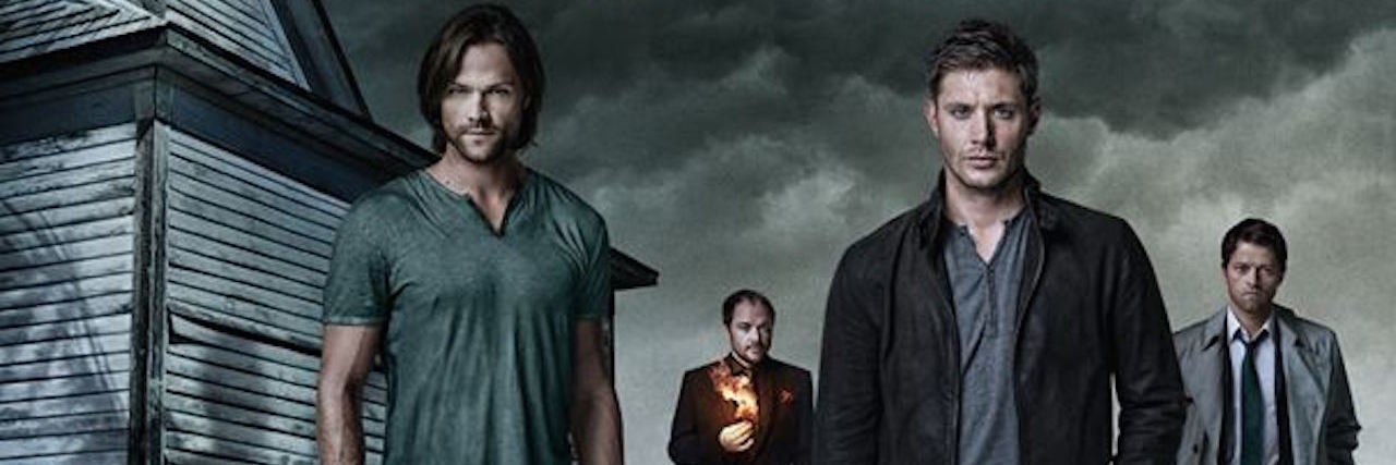 A "Supernatural" promo poster of the main characters standing under a dark sky with fire falling from the clouds.