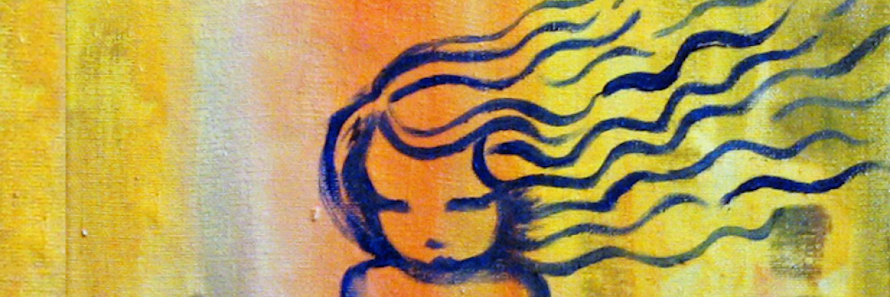 Artistic drawing of a girl on yellow and orange, her long hair flowing, and she's looking sadly downward. 21 Things People Do as Adults Because They Grew Up With an Abusive Parent
