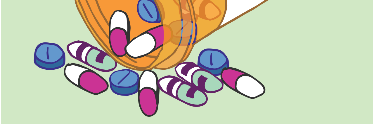 drawing of medication bottle spilling out pills