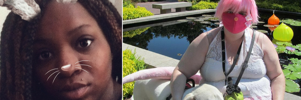 32 Photos That Reveal Different Ways Fibromyalgia Can Present Itself woman with snapchat filter of a bunny overlaying her face, and woman in a pink face mask sitting outside with her service dog