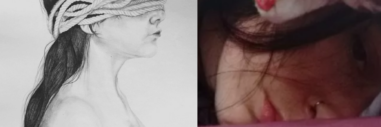 12 Pictures That Show the Different Ways Depression Manifests two photos: one of a woman with rope over her eyes, one with a pillow covering her face