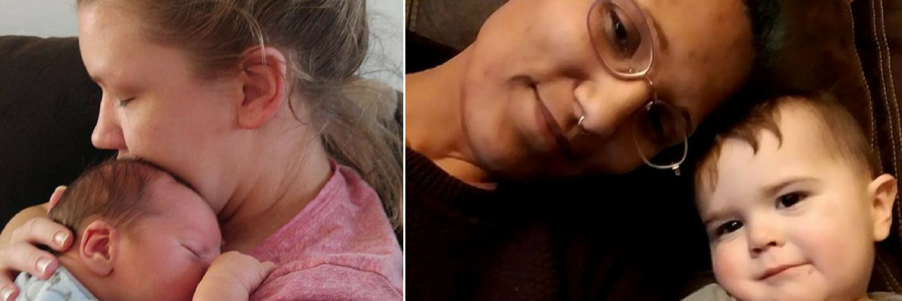 14 Photos That Depict the Reality of Parenting With Fibromyalgia mother holding her baby against her chest, and woman cuddling with a young boy