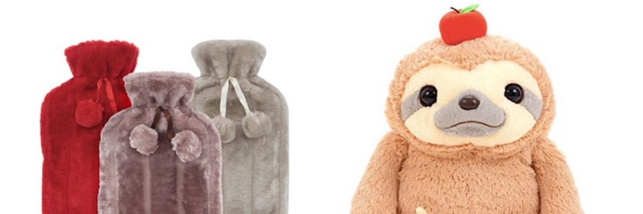 three fuzzy hot water bottle covers and stuffed sloth
