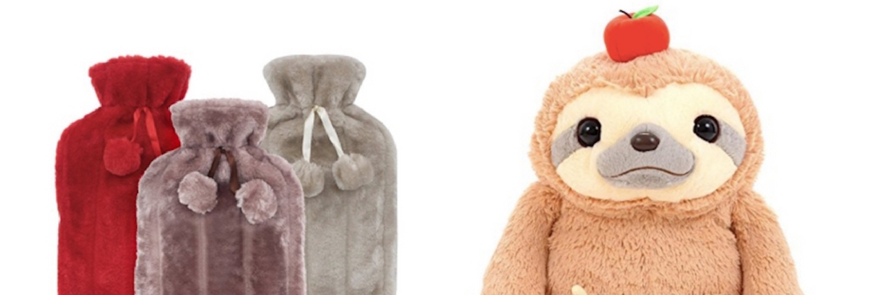 19 Cute Items for Staying Comfortable three fuzzy hot water bottle covers and stuffed sloth