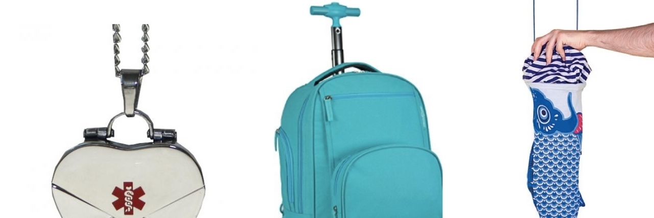 14 Things That Make High School With a Chronic Illness Easier heart shaped medical locket, blue rolling backpack and fish-shaped laundry bag