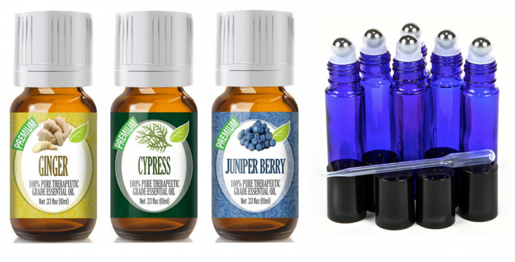 ginger essential oil, cypress essential oil, juniper berry essential oil, glass roller bottles