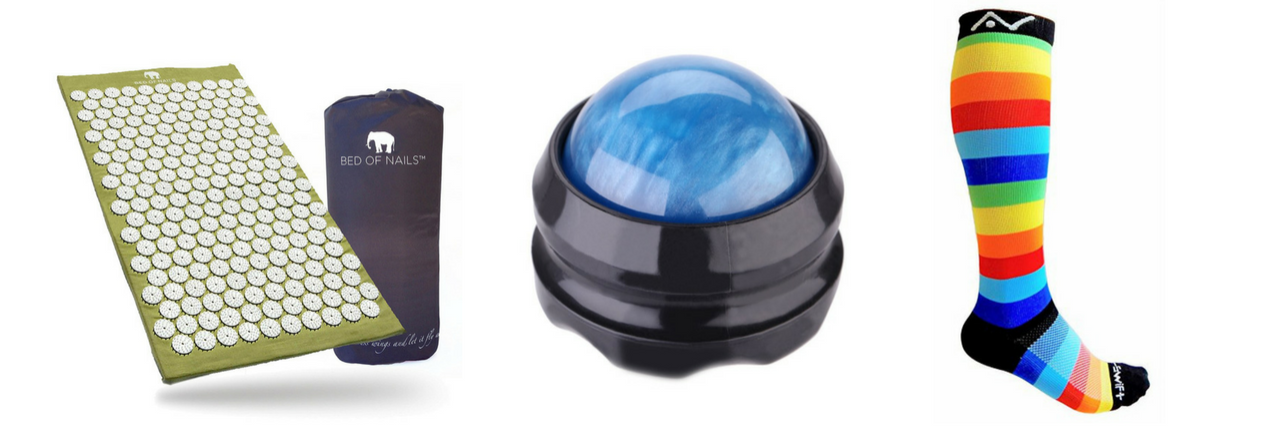 7 Ways People With Chronic Illness Improve Their Circulation acupressure mat, massage roller ball and rainbow compression socks