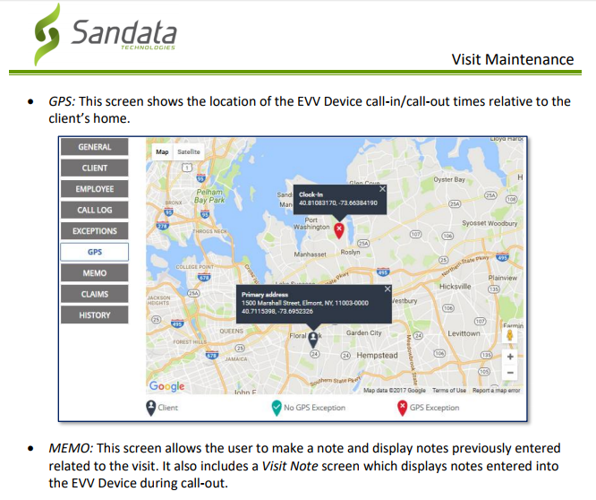 Screenshot of electronic visit verification GPS tracking data and "exception" approval system.