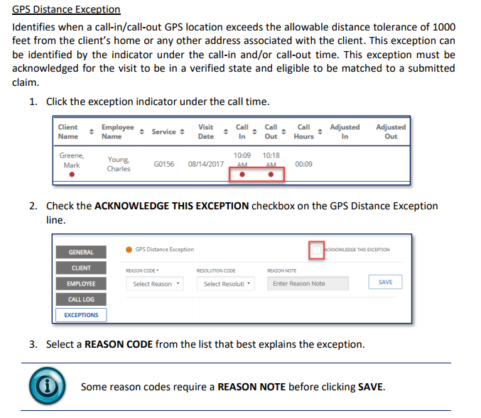 Screenshot of electronic visit verification GPS tracking data and "exception" approval system.