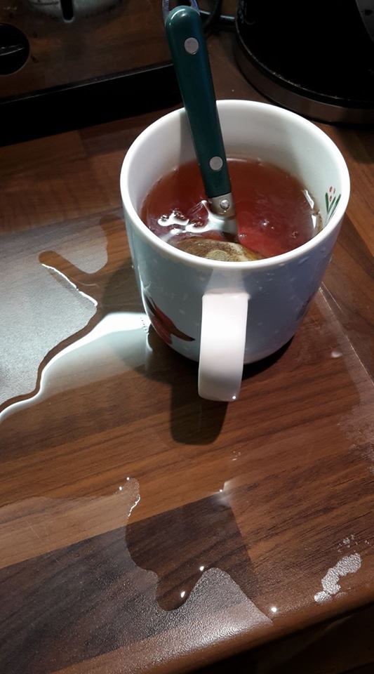 spilled mug of tea