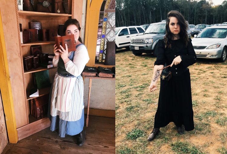 young woman in cosplay as Belle from beauty and the beast and Bellatrix from Harry Potter