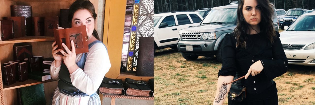 How Nerd Culture Can Help With Mental Illness young woman in cosplay as Belle from beauty and the beast and Bellatrix from Harry Potter